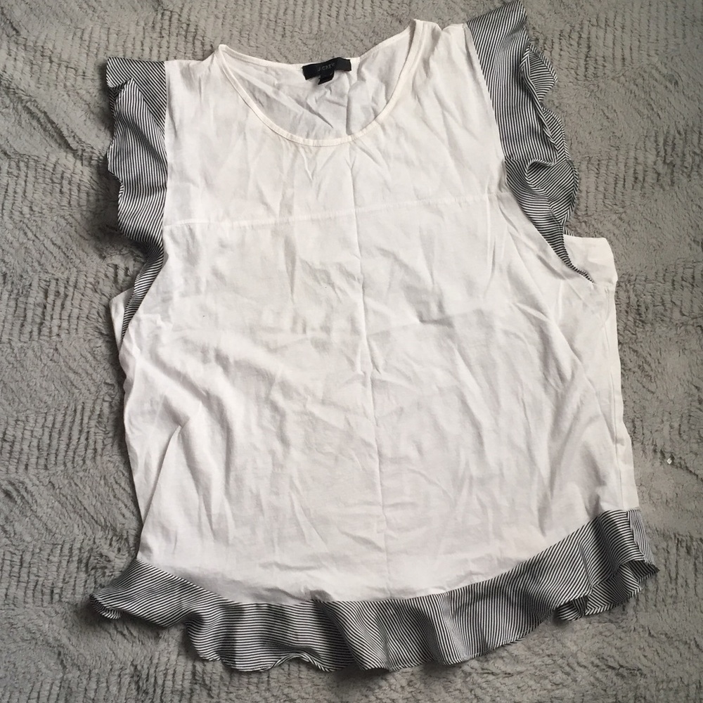 J Crew white top with stripe ruffle hems
